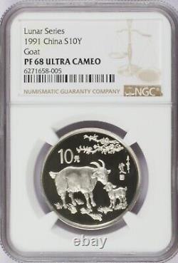 1991 15 grams Silver Lunar Year of the Goat 10 Yuan NGC PF68 Ultra Cameo