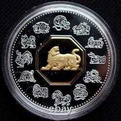 1998 CANADA $15 STERLING SILVER GOLD-PLATED CAMEO LUNAR COIN Year of the Tiger
