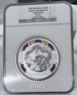 2000 $30 Australia Year Of The Dragon Proof 1 Kilo. 999 Silver Coin Colorized