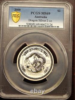 2000 Australia 2 Ounce. 999 Fine Silver Year Of The Dragon Certified Pcgs Ms69