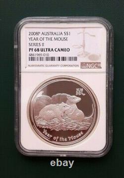 2008 AUSTRALIA YEAR OF THE MOUSE 1 oz SILVER PROOF COIN NGC PF 68 Ultra Cameo