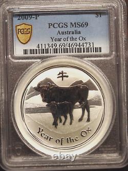 2009 Australia Year Of The Ox 1 Oz. 9999 Fine Silver Pcgs Certified Ms 69