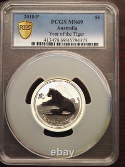 2010 Australia Year Of The Tiger 1 Oz. 999 Fine Silver Pcgs Certified Ms 69