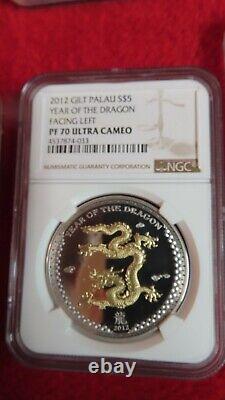 2012 Palau 1 oz Gold Gilt. 999 Silver Coin Year Of Dragon Facing Left NGC PF70