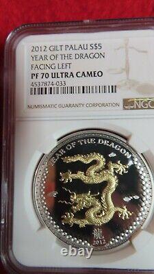2012 Palau 1 oz Gold Gilt. 999 Silver Coin Year Of Dragon Facing Left NGC PF70