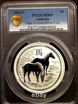 2014 Australia 5 Ounce. 999 Fine Silver Year Of The Horse Certified Pcgs Ms 69