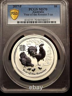 2017 Australia 5 Ounce. 9999 Fine Silver Year Of The Rooster Certified Pcgs Ms70