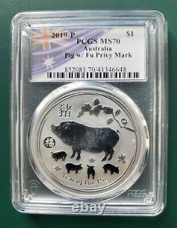 2019 Australia Coin Year of Pig 1 oz 9999 silver with Fu Privy PCGS MS 70 LAST ONE