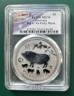 2019 Australia Year of Pig 1 oz 9999 silver coin with Fu Privy Mark PCGS MS 70
