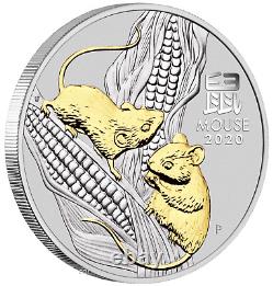 2020 Australia Lunar Year of the MOUSE GILDED 1oz Silver $1 Coin with OGP/BOX Gilt