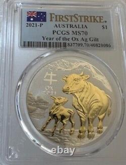 2021 1 OZ 99.99 SILVER YEAR of the OX AG GILT PCGS MS 70 F. S. $158.88