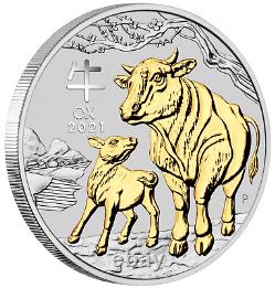 2021 Australia Lunar Year of the OX GILDED 1oz Silver $1 Coin with OGP/BOX Gilt
