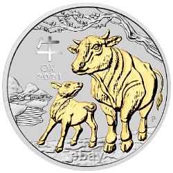 2021 Australia Lunar Year of the OX GILDED 1oz Silver $1 Coin with OGP/BOX Gilt