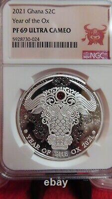 2021 GHANA Lunar Zodiac YEAR OF THE OX swarovski crystal Silver Coin NGC PF69