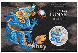 2024 1 Oz Silver $1 Australia BLUE YEAR OF THE DRAGON Pert Stamp Coin In Card