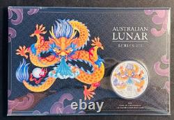 2024 Australia Lunar Year Of the Dragon 1 Oz Silver Coloured Coin Card Yellow