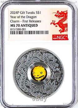 2024 LUNAR Year of Dragon 1oz $1 Silver Rotating Charm Antiqued Coin NGC MS70 FR