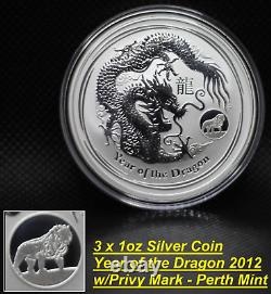 3x 1oz Silver Coin 2012 Lunar Year of the Dragon with Lion Privy Mark Perth Mint