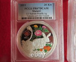 Africa Malawi 20 kwacha Year of Rabbit Lunar Zodiac. 999 silver coin pcgs pr67