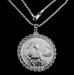 Coin Gift Set 1 oz. Silver Year of the Horse Round Diamond Cut Silver Rope Bezel