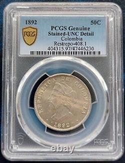 Colombia Silver 50 Centavos Unc Coin 1892 Year Km#187 Restrepo-408.1 Pcgs Detail