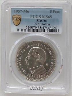 Mexico Silver 5 Peso Unc Coin 1957 Year Km#470 Constitution Pcgs Grading Ms65