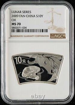 NGC MS70 China 2009 Lunar Zodiac Ox Year Fan Shape Silver Coin 1 oz 10 Yuan