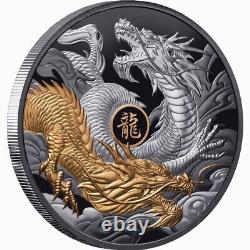 Niue 2024 YEAR DRAGON Dueling $10 5 Oz Gilded Silver BLACK Proof SERIAL #555