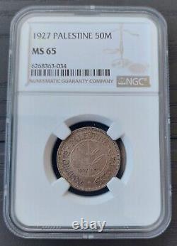 Palestine Silver 50 Mils Unc Coin 1927 Year Km#6 Ngc Grading Ms65