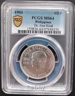 Philippines Silver 1/2 Half Peso Unc Coin 1961 Year Km#191 Jose Rizal Pcgs Ms64