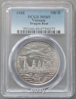 Vietnam Silver Large 100 Dong Unc Coin 1988 Year Km#25.1 Dragon Ship Pcgs Ms69